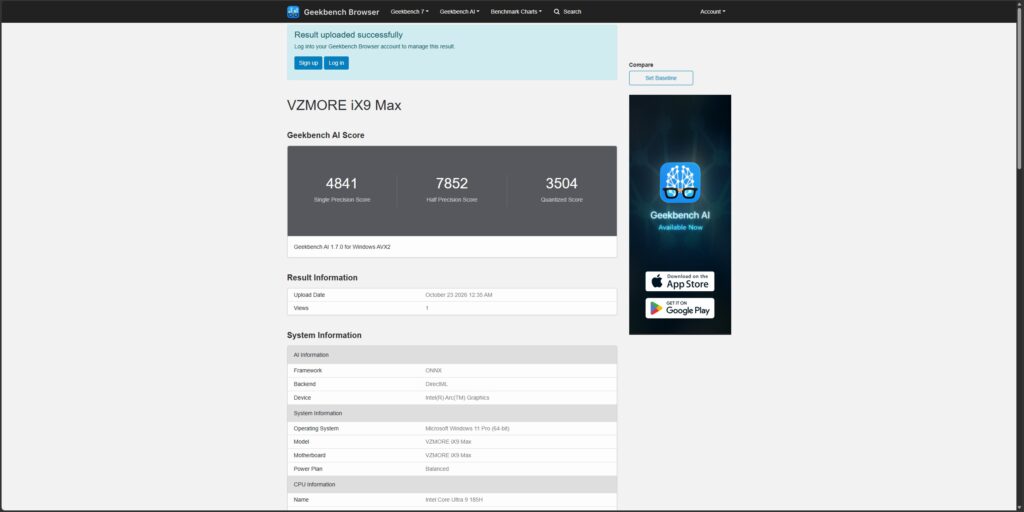 A Geekbench Browser page displays scores for the VZMORE iX9 Max with a Single Precision Score of 4841, Half Precision Score o