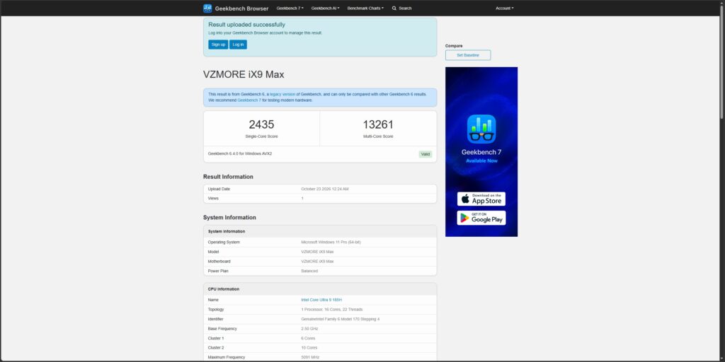 A screenshot of a Geekbench 6.4.0 score for the VZMORE iX9 Max, showing a single-core score of 2435 and a multi-core score of