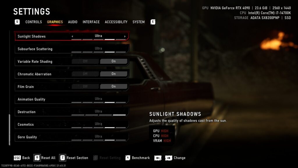 A settings menu showing graphics options with 'Sunlight Shadows' set to 'Ultra', alongside system specs including an NVIDIA G