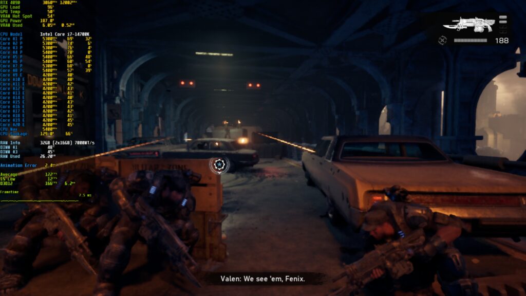 In-game image of 'Gears of War' showing characters taking cover while shooting in a tunnel, with on-screen text 'Valen: We se