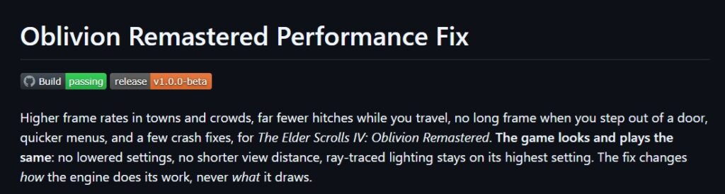 Oblivion Remastered Performance Fix modunun yapı ve sürüm durumu