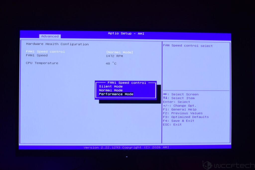 The BIOS setup screen displays 'Aptio Setup - AMI' with options for 'FAN1 Speed control' set to 'Normal Mode' at 1472 RPM and