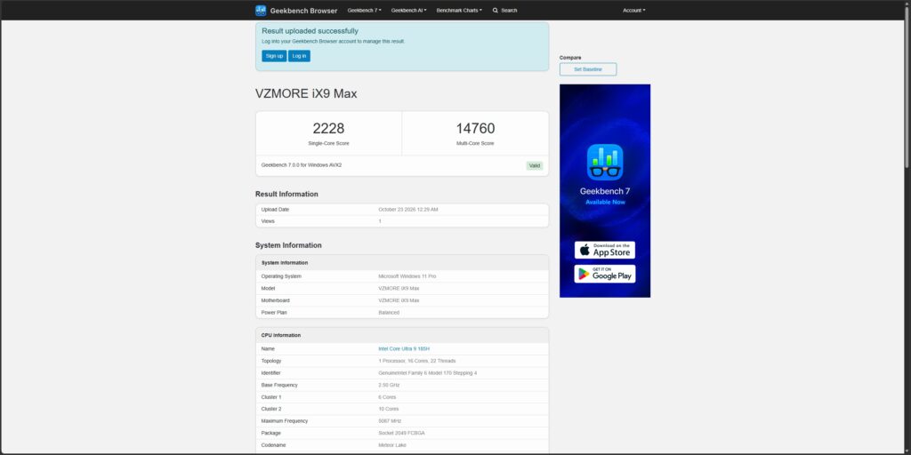 The Geekbench 7 browser shows a 'VZMORE iX9 Max' with a single-core score of 2228 and a multi-core score of 14760, running on