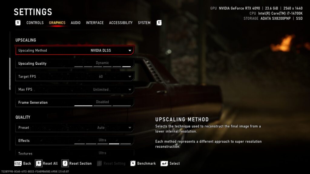 The graphics settings menu displays 'Upscaling Method' set to NVIDIA DLSS, with a GPU specification of NVIDIA GeForce RTX 409