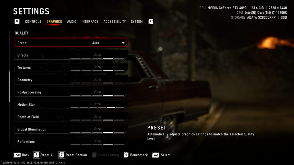 The graphics settings menu shows 'Preset' set to 'Auto' with all options on 'Ultra,' on a system with an NVIDIA GeForce RTX 4