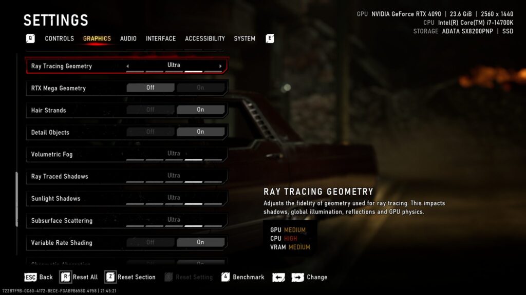The graphics settings menu shows 'Ray Tracing Geometry' set to 'Ultra' with an NVIDIA GeForce RTX 4090 and Intel Core i7-1470