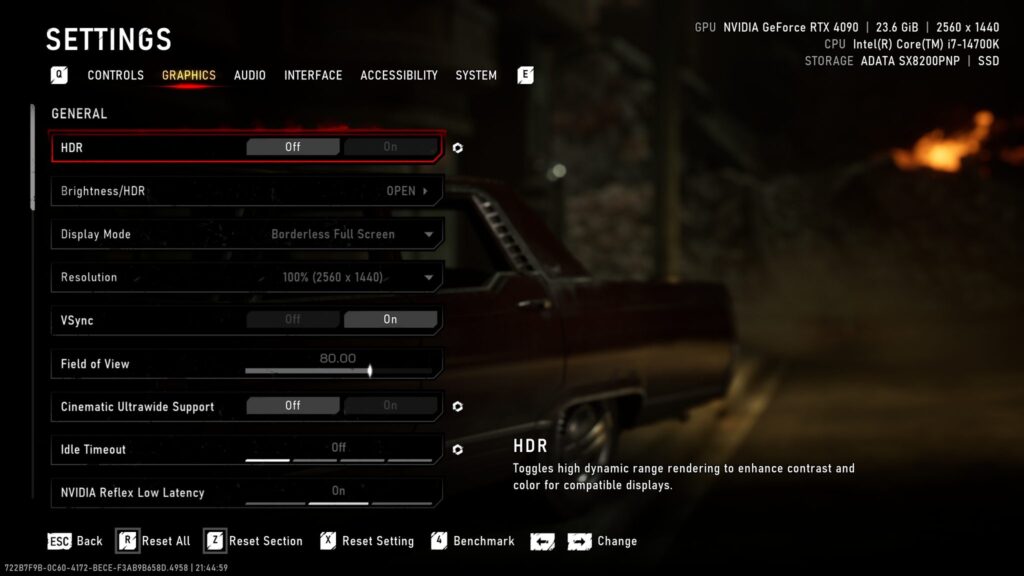 The screen displays a game's graphics settings menu with options like 'HDR' set to 'Off,' running on an NVIDIA GeForce RTX 40