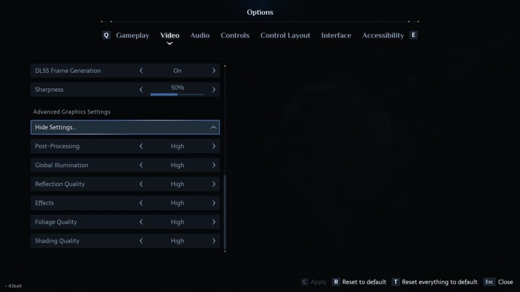 The video settings menu shows DLSS Frame Generation set to 'On' and various graphics settings, including post-processing and 